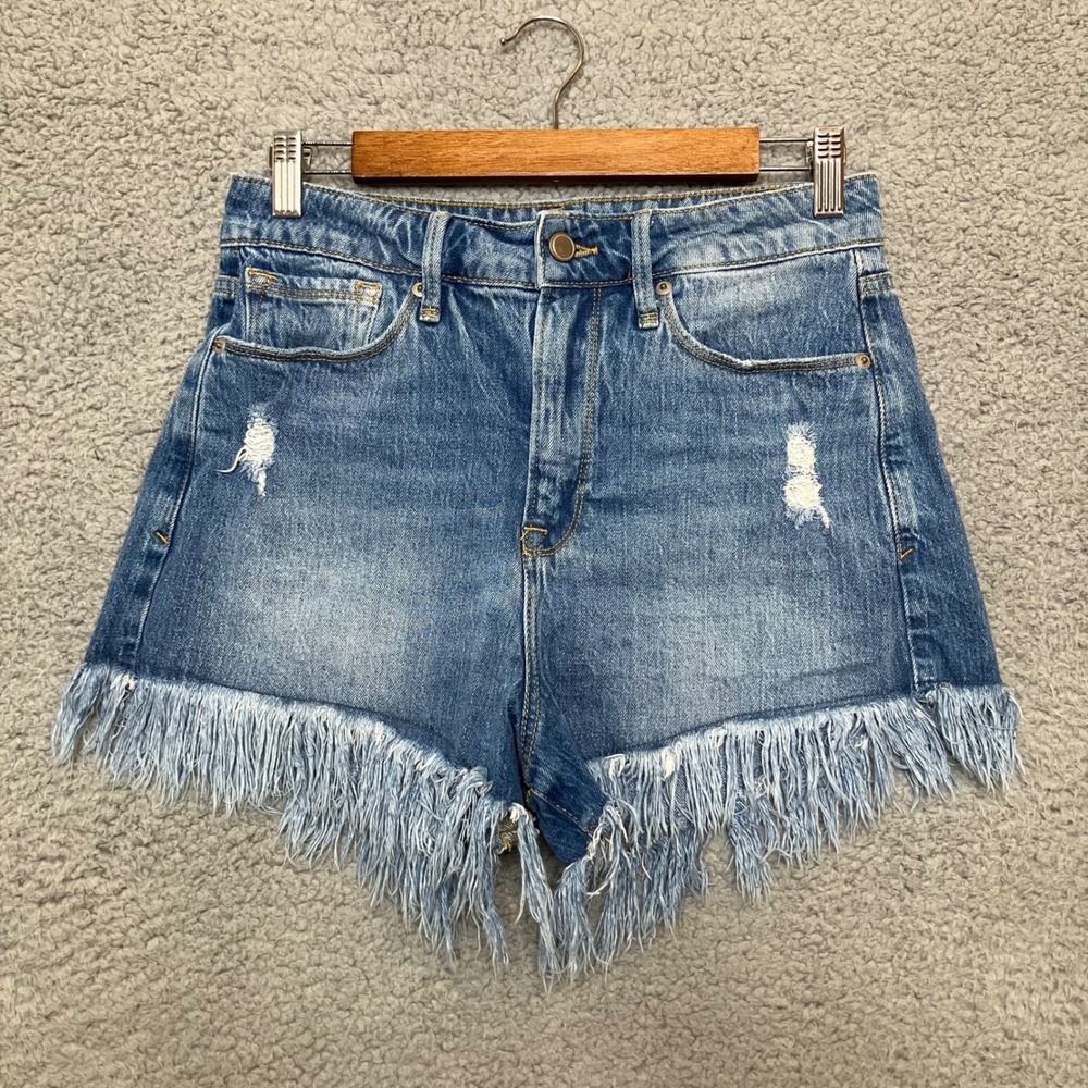 Good American Cut Off Jean Shorts Women 6 / 28 Blue Denim Distressed Boho Fringe